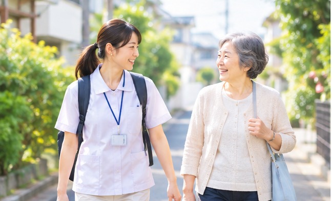 看護師とご利用者さまが地域を歩きながら会話する様子