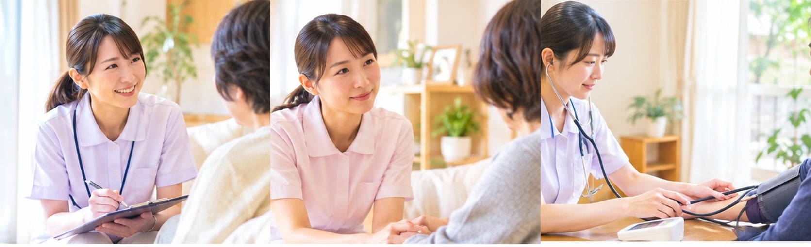 看護師とご利用者さまが笑顔で過ごすサンメディカルのイメージ写真